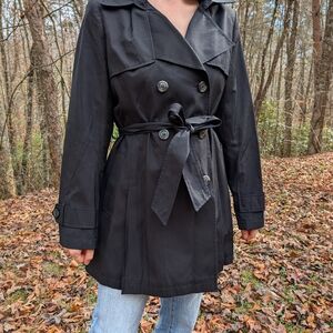 Halogen Black Double-Breasted Trench Coat